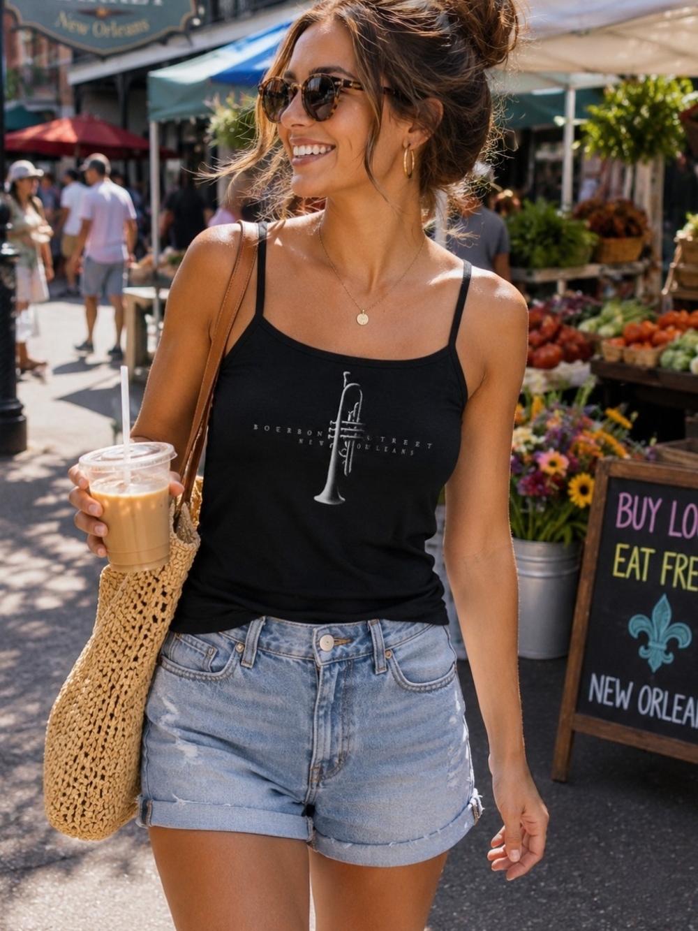 Bourbon Street New Orleans Trumpet Graphic Black Cami Tank Top | Size Large